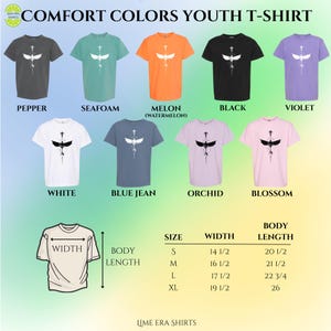 May include: A range of Comfort Colors youth t-shirts in colours like pepper, seafoam, melon, black, and violet. Each tee has a white graphic. A size chart shows width and body length measurements in inches.
