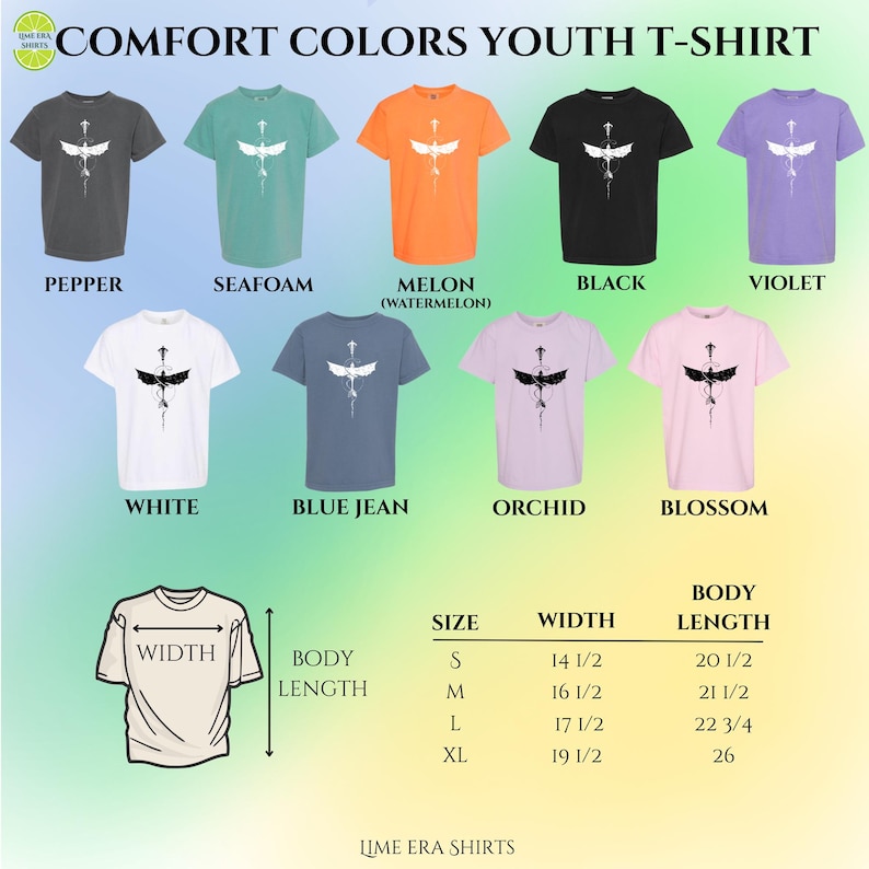 May include: A range of Comfort Colors youth t-shirts in colours like pepper, seafoam, melon, black, and violet. Each tee has a white graphic. A size chart shows width and body length measurements in inches.