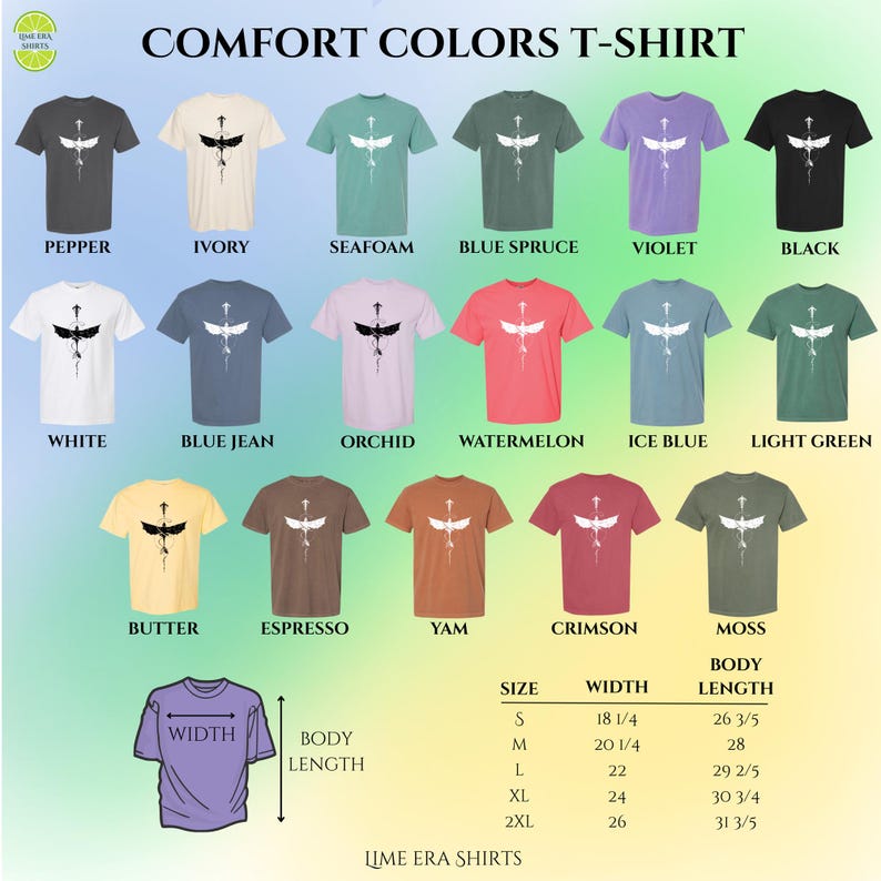 May include: A selection of Comfort Colors T-shirts in shades like seafoam, violet, and moss, each with a white graphic. The image includes a size chart with measurements in inches, converted to centimeters for body length and width.