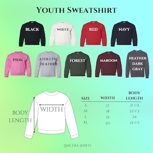 a collection of youth sweatshirts in various colors and sizes, along with their corresponding measurements.