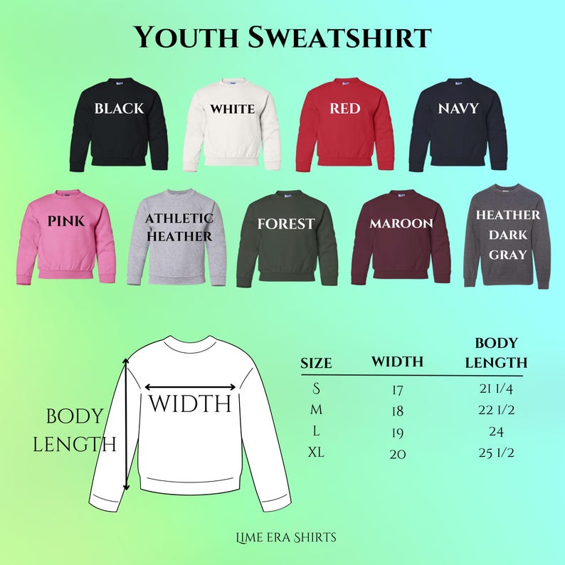 a collection of youth sweatshirts in various colors and sizes, along with their corresponding measurements.