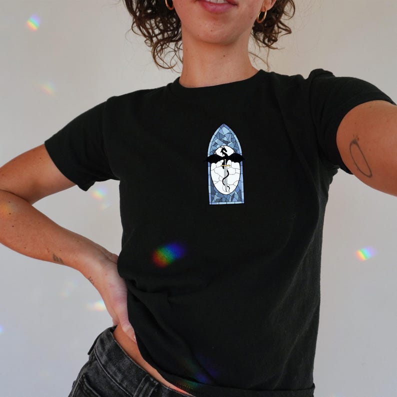 May include: Black crew neck t-shirt with a stained-glass style design. The design features a dragon and a snake in black, white, and blue. The shirt has short sleeves.