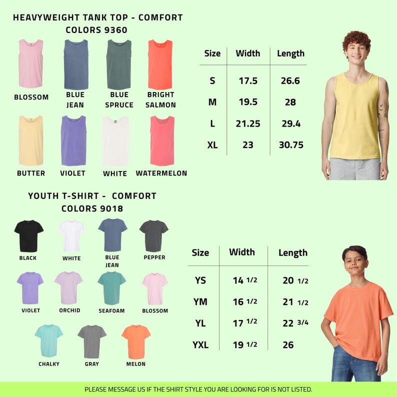 以下が含まれることがあります： 様々な色のTシャツとタンクトップが写っている商品画像。サイズチャートが含まれており、インチ単位の測定値がcmに変換されています。「HEAVYWEIGHT TANK TOP - COMFORT」と「YOUTH T-SHIRT - COMFORT」というテキストが表示されています。