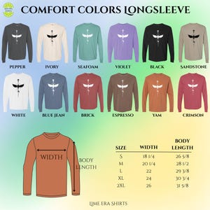 May include: A selection of long-sleeved shirts in diverse colours, such as black, white, and blue. Each shirt has a graphic design and is labelled with its colour name. A size chart is included, detailing width and body length measurements in inches.