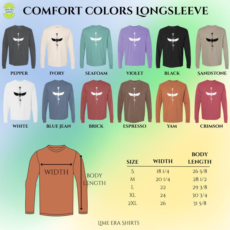 May include: A selection of long-sleeved shirts in diverse colours, such as black, white, and blue. Each shirt has a graphic design and is labelled with its colour name. A size chart is included, detailing width and body length measurements in inches.