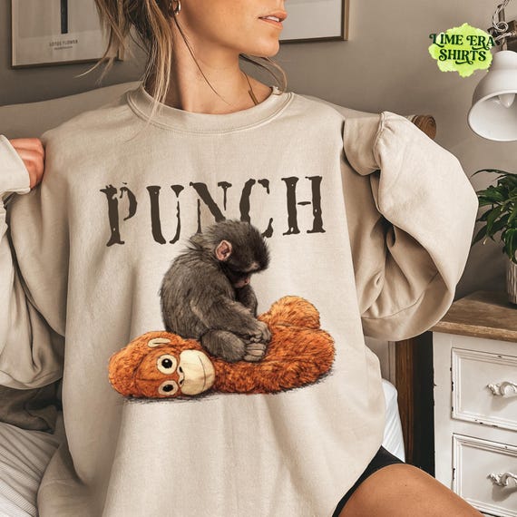 Monkey Punch Cozy Sweatshirt, Baby Monkey And Plush Toy, Animal Lover Gift, Cute Viral Shirt