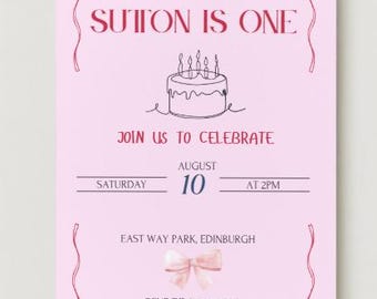 May include: Pink birthday invitation with a red ribbon border. The invitation says "Sutton is one" and includes a drawing of a birthday cake with candles. The invitation also includes the date and time of the party, the location, and an RSVP number.