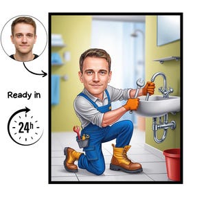 Op de afbeelding: Een cartoon illustratie van een loodgieter die knielt voor een witte wastafel en een moersleutel vasthoudt. De loodgieter draagt een blauwe overall, oranje handschoenen en bruine werkschoenen. De afbeelding bevat de tekst "Ready in 24h".