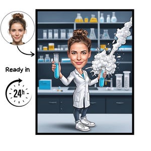 Puede incluir: Ilustración de dibujos animados de una mujer con bata de laboratorio sosteniendo dos tubos de ensayo con líquido azul. El fondo muestra un entorno de laboratorio con varios vasos de precipitados y frascos. La imagen incluye el texto "Ready in 24h".