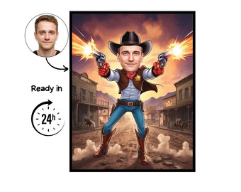 May include: A cartoon illustration of a person dressed as a cowboy, holding two guns with bright orange muzzle flashes. The background depicts a western town with a sunset sky. The image includes the text "Ready in 24h".