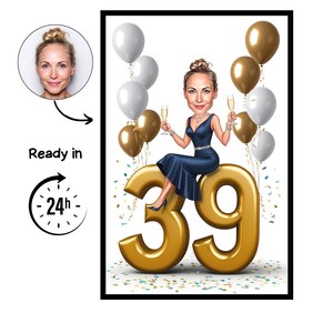 Puede incluir: Ilustración digital enmarcada de una mujer sentada en un "39" dorado con globos. Sostiene copas de champán y lleva un vestido azul. La imagen incluye el texto "Ready in 24h".