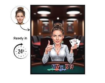 Poker Player cartoon Portrait, Poker gift, Custom Poker Caricature, Poker caricature from photo, gift for Poker Player, Poker portrait