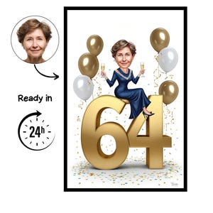 Puede incluir: Ilustración digital enmarcada de una mujer sentada sobre un gran número dorado 64. Viste un vestido azul y sostiene copas de champán. Globos dorados y blancos y confeti la rodean. Incluye el texto "Ready in 24h".