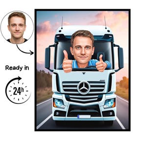 Könnte beinhalten: Digitales Porträt eines Mannes in einem weißen LKW, der einen Daumen hoch zeigt. Das Bild enthält ein Porträt des Mannes und den Text "Ready in 24h". Der LKW hat ein Mercedes-Benz-Logo.