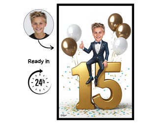 Anpassad karikatyr för 15-årsdag, 15-årsjubileum, karikatyrteckning, gratulationskort, födelsedagskort, födelsedagsinbjudan, årsdagskort