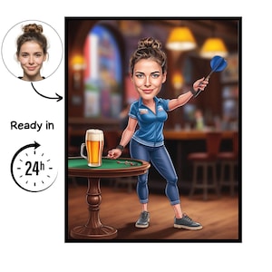 May include: Digital caricature of a woman holding a dart, standing near a table with a pint of beer. She wears a blue polo shirt, jeans, and trainers. The image includes a portrait and text that reads "Ready in 24h".