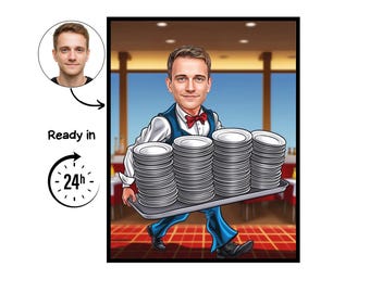 Waiter cartoon Portrait, Waiter gift, Custom Waiter Caricature, Waiter caricature from photo, gift for Waiter, Waiter portrait