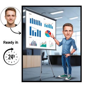 Könnte beinhalten: Cartoon-Illustration eines Mannes, der Daten auf einer Projektionsleinwand präsentiert. Der Bildschirm zeigt Diagramme und Grafiken. Der Mann trägt ein blaues Hemd, Jeans und grüne Turnschuhe. Der Text auf dem Bild lautet "Ready in 24h".