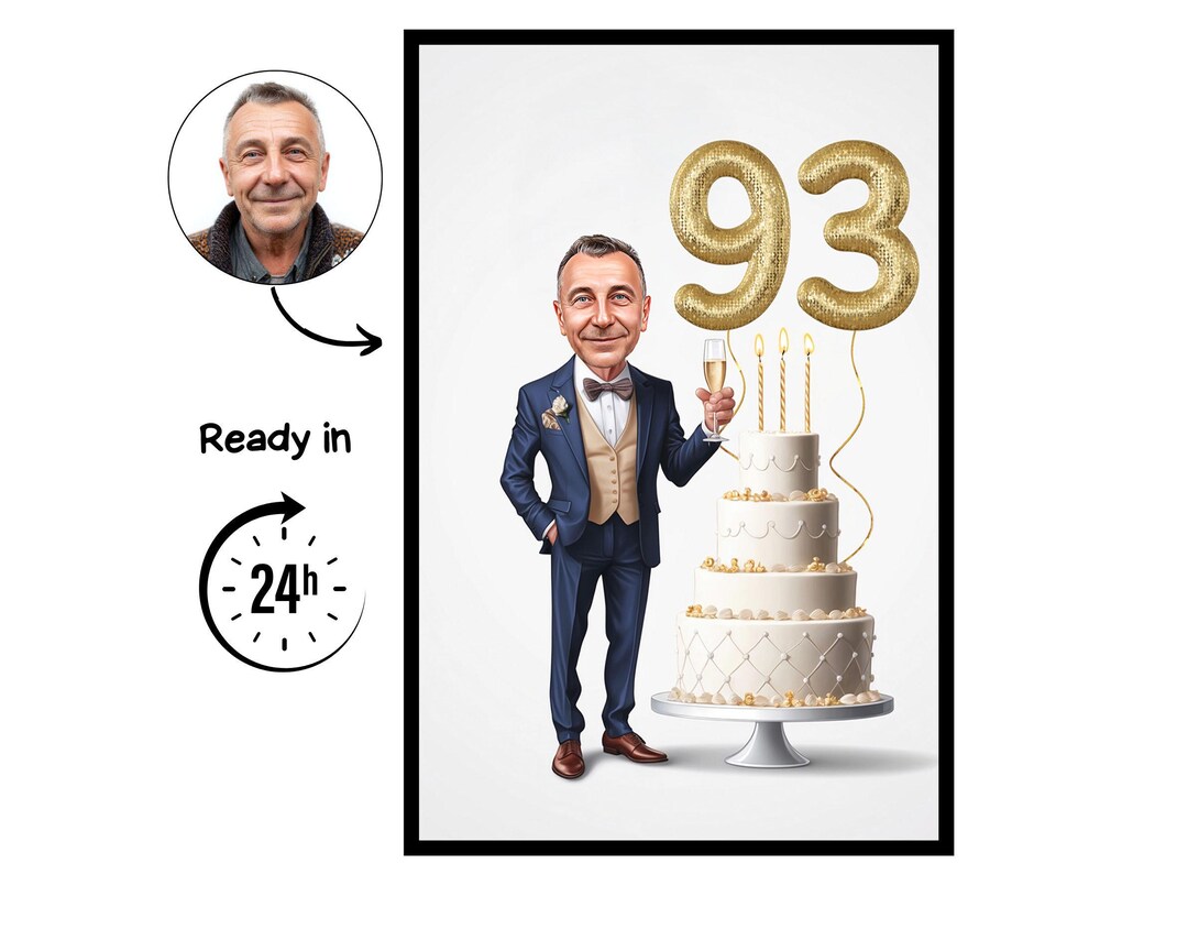 Custom Caricature for 93rd Birthday, 93rd Anniversary, Caricature ...