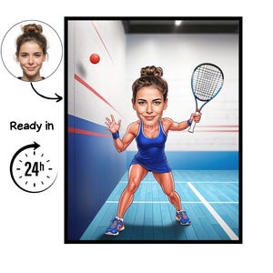 May include: A cartoon illustration of a woman playing squash, holding a racket and wearing a blue athletic outfit. The image includes a portrait and text that reads "Ready in 24h". The background shows a squash court.