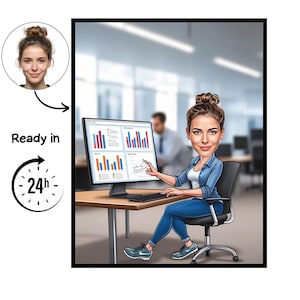 Könnte beinhalten: Cartoon-Illustration einer Frau an einem Schreibtisch, die an einem Computer arbeitet, der Diagramme und Grafiken anzeigt. Sie trägt ein Jeanshemd und Jeans. Das Bild enthält ein Porträt und den Text "Ready in 24h".