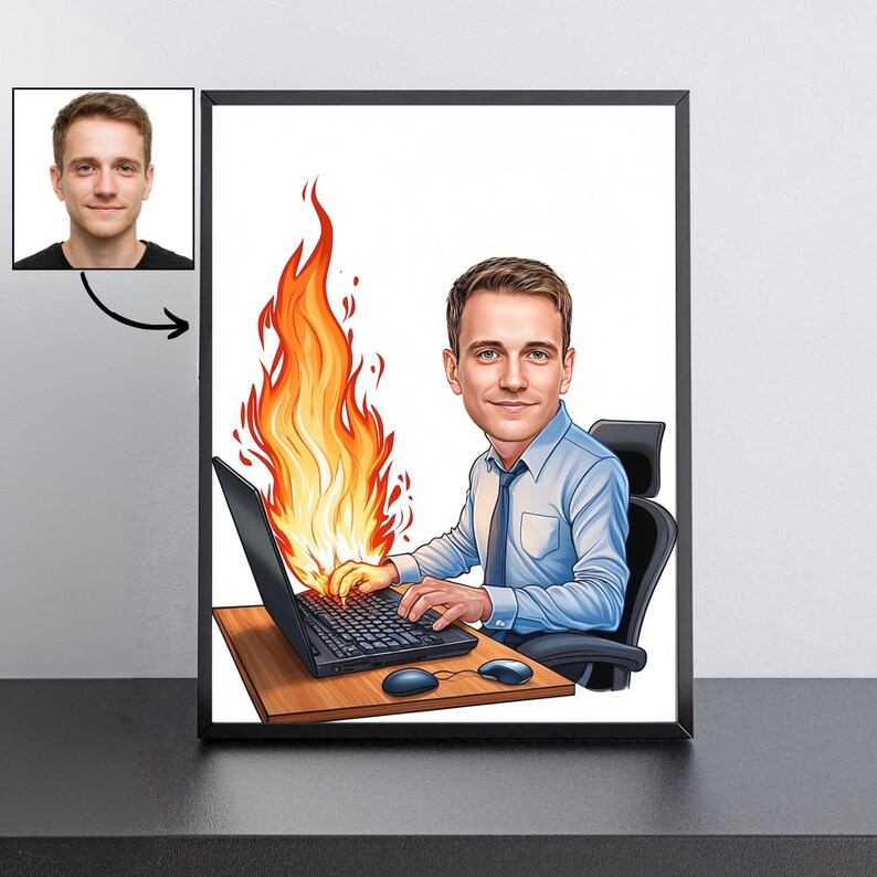 May include: A framed cartoon portrait of a man working on a laptop with flames rising behind it. The man is wearing a blue shirt and tie, seated in a black office chair. A smaller photo of the man is in the upper left corner.