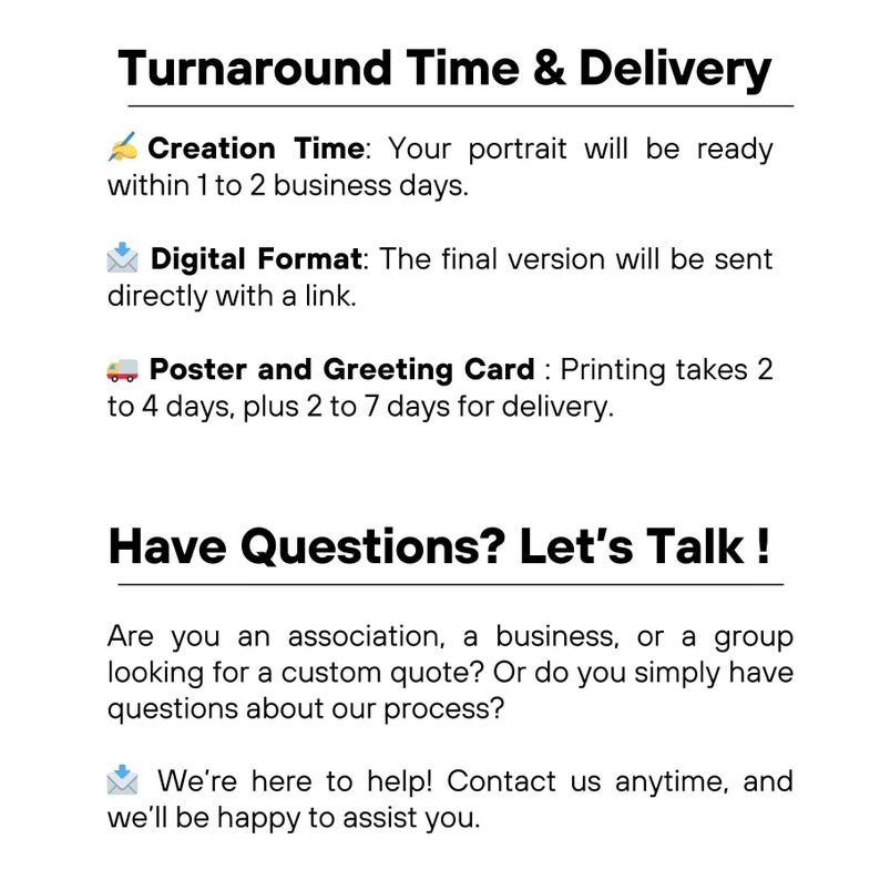May include: White graphic with the text "Turnaround Time & Delivery" and information about portrait creation, digital format delivery, and poster/greeting card printing times. Includes "Have Questions? Let's Talk!" and contact information.