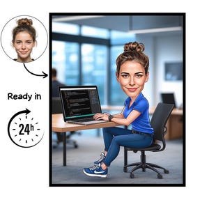May include: A digital caricature of a woman in a blue shirt and jeans, working on a laptop. The image includes a photo of the woman and text that reads "Ready in 24h". The woman is sitting at a desk in an office setting.
