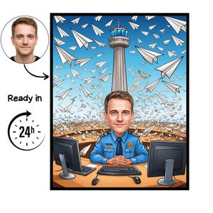 May include: Digital caricature of a man in a blue uniform, seated at a desk with computer monitors. The background features a control tower with the text "AIRTAFT TAFTIC" and numerous paper airplanes against a blue sky. A portrait of the man is in a circle.