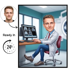 May include: A digital illustration of a doctor in a white coat, blue trousers, and brown shoes, seated at a desk with a computer displaying medical scans. The image includes a portrait and text that reads "Ready in 24h".