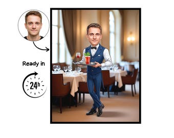 Kellnerkarikaturporträt, Kellnergeschenk, benutzerdefinierte Kellnerkarikatur, Kellnerkarikatur vom Foto, Geschenk für Kellner, Kellnerporträt