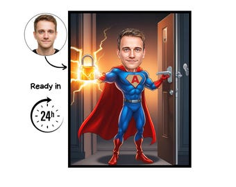 Puede incluir: Ilustración de dibujos animados de un hombre como superhéroe, con un traje azul y rojo con capa roja. Sostiene un candado dorado brillante. La imagen incluye el texto "Ready in 24h".