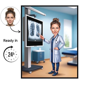 May include: A cartoon image of a female doctor pointing at an X-ray on a screen. She is wearing a white lab coat, blue trousers, and a stethoscope. The image includes the text "Ready in 24h".