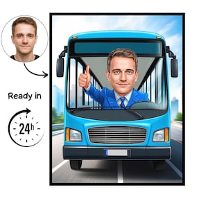 Puede incluir: Ilustración digital de un hombre con traje azul conduciendo un autobús azul claro, haciendo una señal de pulgar hacia arriba. La imagen incluye un retrato del hombre y el texto "Ready in 24h". El autobús está en una carretera con un fondo de paisaje urbano.