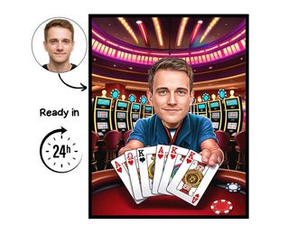 Poker Player cartoon Portrait, Poker gift, Custom Poker Caricature, Poker caricature from photo, gift for Poker Player, Poker portrait