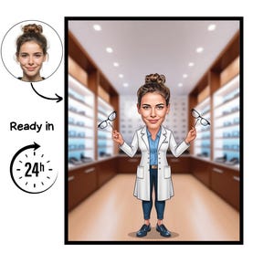 May include: Cartoon illustration of a woman in a white lab coat holding eyeglasses in each hand. She is standing in an optical shop. The image includes the text "Ready in 24h".