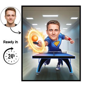 Table Tennis cartoon Portrait, Table Tennis gift, Custom Table Tennis Caricature, Table Tennis caricature from photo, gift for Table Tennis
