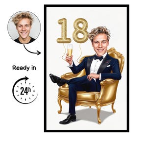 Op de afbeelding: Digitale illustratie voor een 18e verjaardag. De afbeelding toont een persoon in een marineblauw smoking, zittend in een gouden stoel, met een champagneglas. Gouden balloncijfers '18' zweven erboven. De tekst 'Ready in 24h' is zichtbaar.