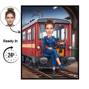 Pode incluir: Uma caricatura digital de uma mulher de uniforme azul sentada em um trem vermelho. A imagem inclui um retrato da mulher e o texto "Pronto em 24h". O trem está em uma ferrovia.