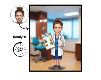 Portrait de dessin animé de nutritionniste, cadeau de nutritionniste, caricature de nutritionniste personnalisée, caricature de nutritionniste à partir d'une photo, cadeau pour nutritionniste