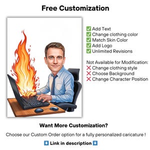 May include: An illustration of a man in a blue shirt and tie working on a laptop with flames. The image includes text about free customization options, such as adding text, changing clothing color, and matching skin color.