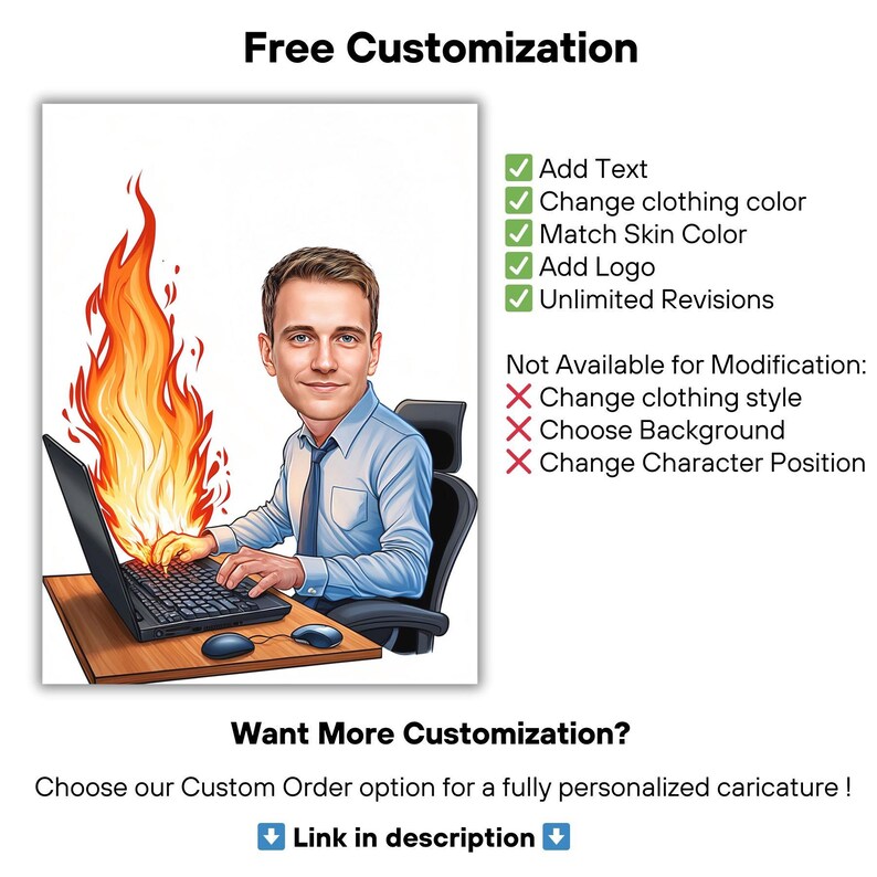May include: An illustration of a man in a blue shirt and tie working on a laptop with flames. The image includes text about free customization options, such as adding text, changing clothing color, and matching skin color.