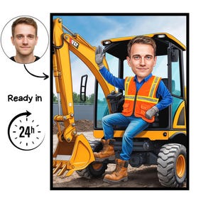 May include: Digital caricature of a man in a blue shirt, orange safety vest, and jeans, sitting in a yellow and blue excavator. The image includes a headshot and text that reads "Ready in 24h".