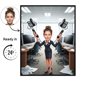 Peut inclure: Illustration d'une femme en costume noir tenant deux combinés téléphoniques. L'arrière-plan montre un bureau avec des bureaux, des ordinateurs et des téléphones flottants. Le texte "Ready in 24h" est également présent.