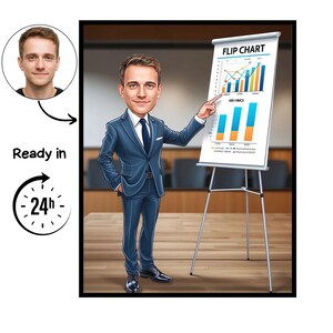 Può includere: Illustrazione a cartoni animati di un uomo in giacca e cravatta blu che indica un lavagna a fogli mobili con grafici. La lavagna a fogli mobili recita "Flip Chart" e mostra grafici a barre. L'immagine include anche un ritratto e il testo "Ready in 24h".