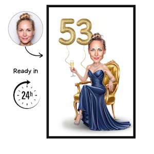 Op de afbeelding: Een ingelijste karikatuur van een vrouw in een blauwe jurk, met een champagneglas, zittend in een gouden stoel. Gouden folieballonnen in de vorm van het nummer 53 zweven erboven. De afbeelding bevat de tekst "Ready in 24h".