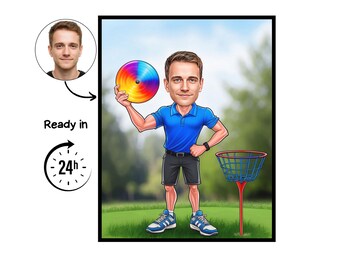 Disc Golf cartoon Portrait, Disc Golf gift, Custom Disc Golf Caricature, Disc Golf caricature from photo, gift for Disc Golfer, Disc Golf