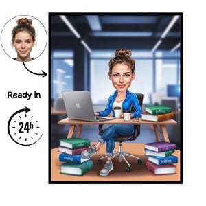 Peut inclure: Illustration d'une femme à un bureau avec un ordinateur portable, des tasses à café et des livres avec le mot "coding". Elle porte une veste bleue et un jean. L'image comprend un portrait et le texte "Ready in 24h."