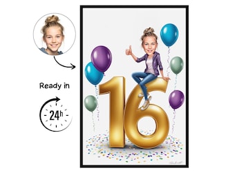 May include: A framed digital illustration featuring a cartoon of a young woman sitting on a large gold number 16. The illustration includes colorful balloons and confetti. The image also includes the text "Ready in 24h".