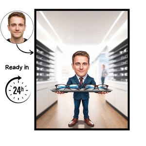 Könnte beinhalten: Digitale Illustration eines Mannes im Anzug, der ein Tablett mit drei Brillenpaaren hält. Das Bild enthält ein Kopfporträt des Mannes und den Text „Ready in 24h“. Der Hintergrund zeigt ein Optikergeschäft.